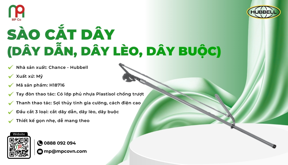 Sào cắt dây H18716 được trang bị ba loại đầu cắt khác nhau, phục vụ riêng biệt cho việc cắt dây dẫn mang điện, dây nối lèo và dây buộc, giúp kỹ thuật viên dễ dàng lựa chọn đúng công cụ cho từng loại dây