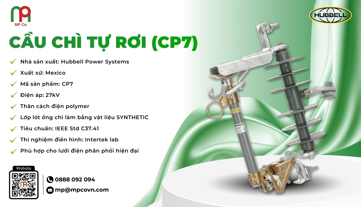 Cầu chì tự rơi CP7 là giải pháp bảo vệ lý tưởng cho hệ thống lưới điện trung thế 27kV, đặc biệt trong các điểm nhánh, trạm biến áp và đường dây phân phối trên không.