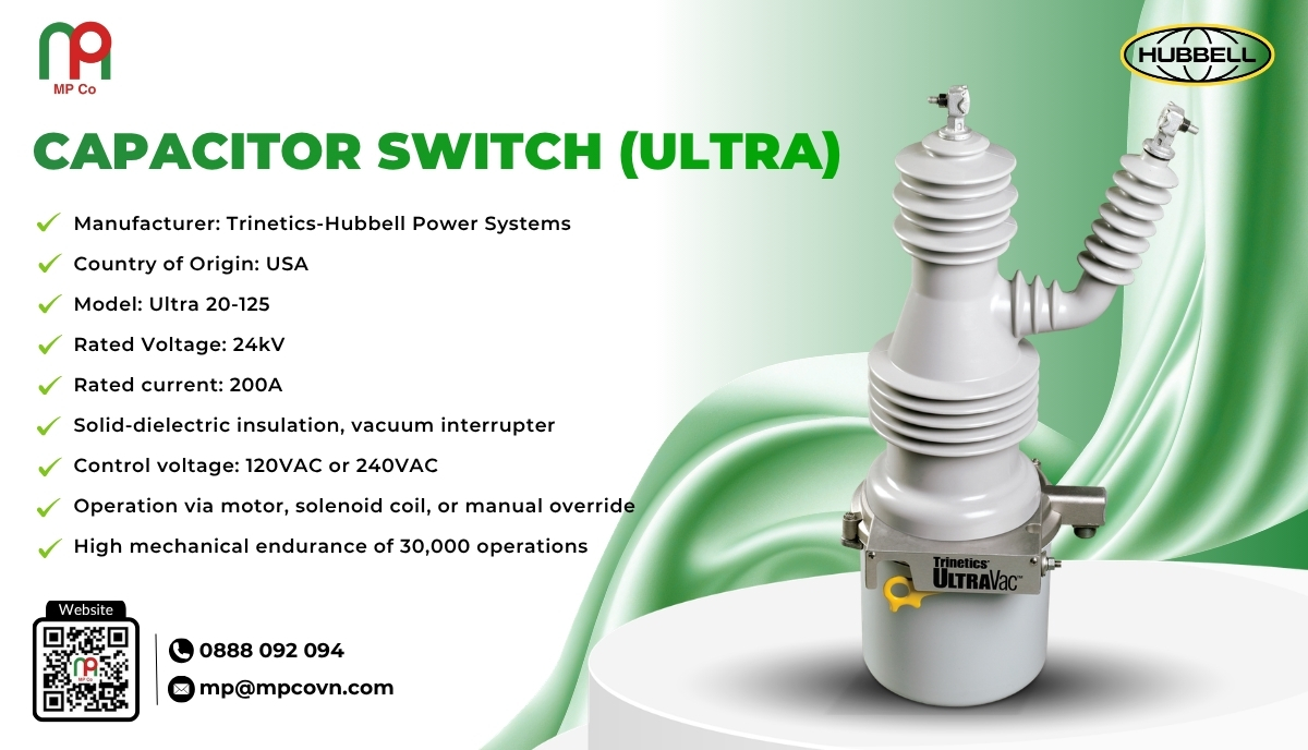 The Ultra capacitor switch, manufactured by Trinetics – Hubbell Power Systems (USA), is a specialized device designed for capacitor switching in 24kV power systems.