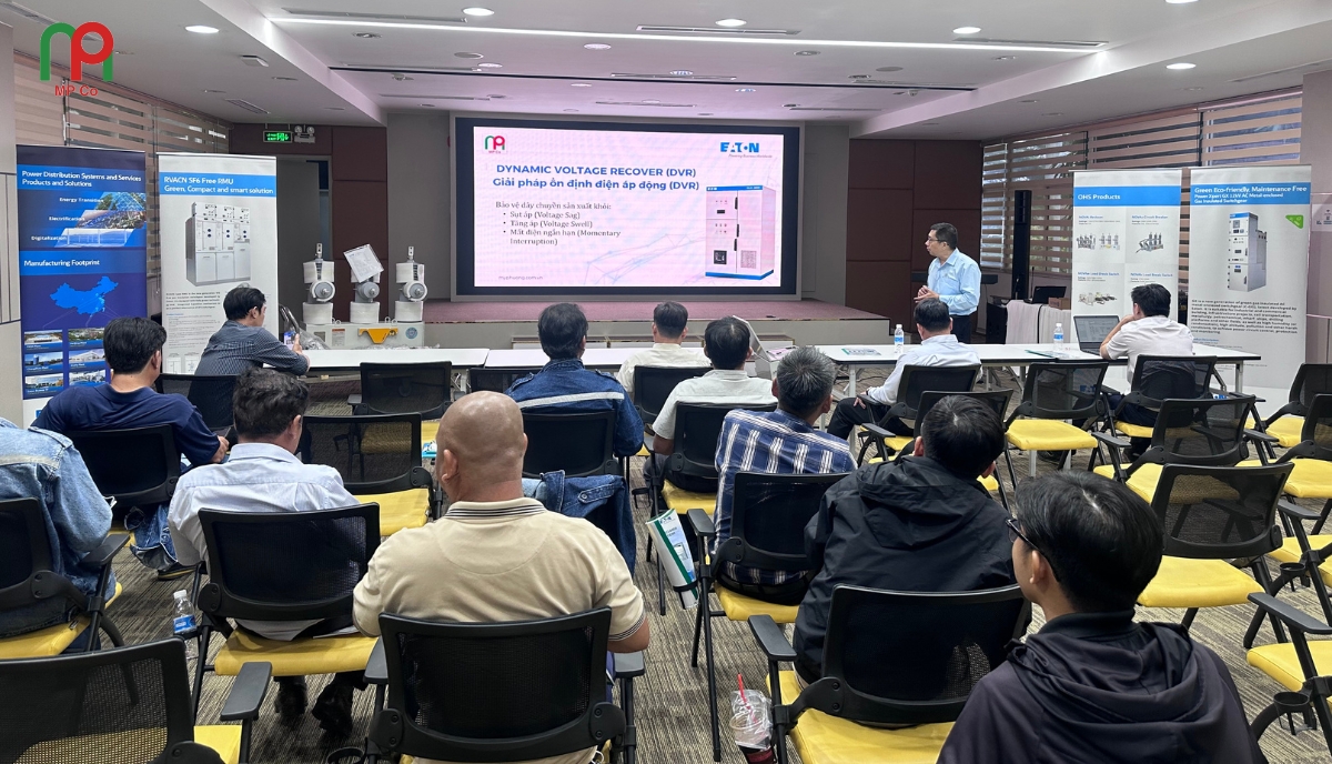 An MPCO representative introduced the Dynamic Voltage Restorer (DVR) solution for industrial power systems.